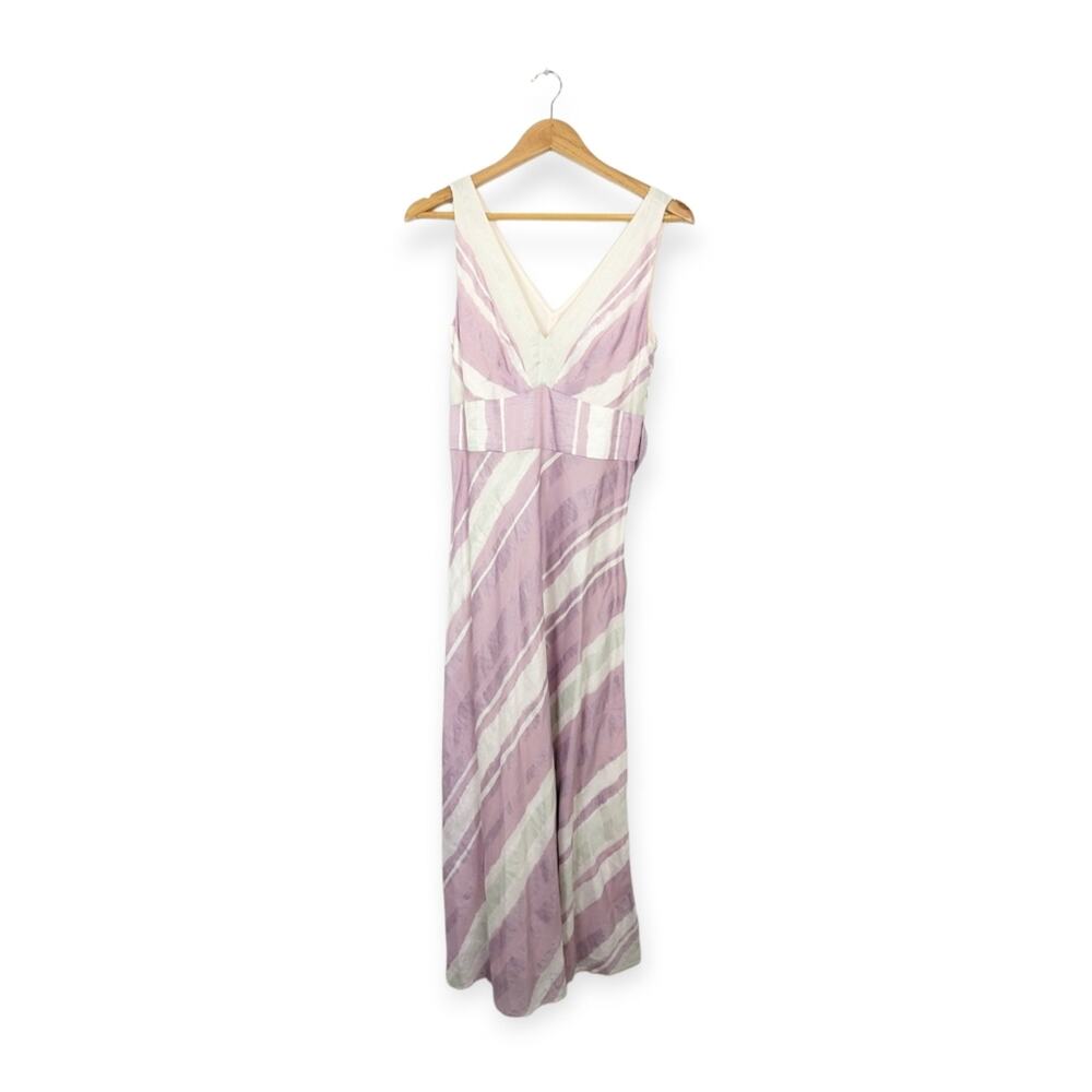 Rebecca Taylor Maxi Dress 4 Stripe V Neck Linen Silk Blend Flowy Boho Elegant